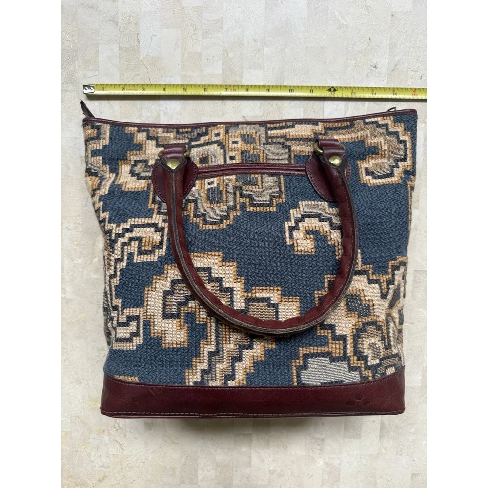 Patricia Nash Peruvian Tapestry Sungaro Tote Blue Tan Leather Brass Boho Tribal - Picture 3 of 16